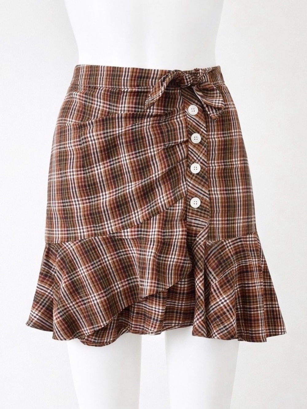 Veronica Beard Brown Plaid Ruffle-Hem Mini Skirt